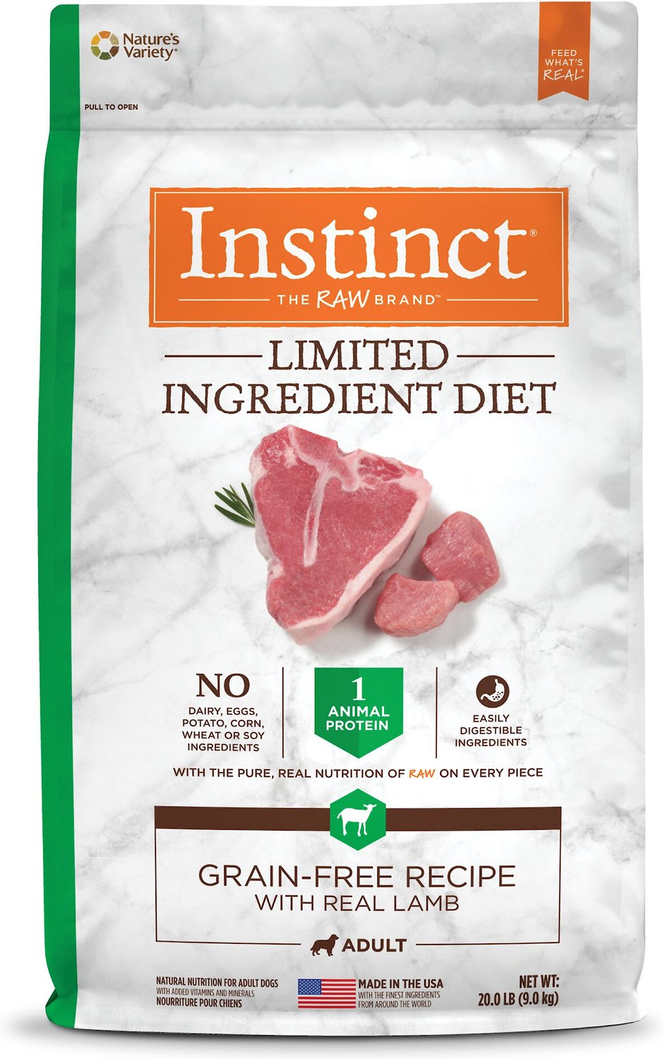 Instinct Ricetta senza cereali per dieta con ingredienti limitati con cibo per cani secco crudo liofilizzato di vero agnello