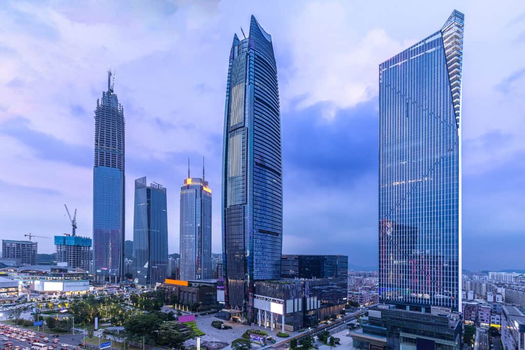 Scenario notturno della città di Dongguan Nancheng CBD della Cina
