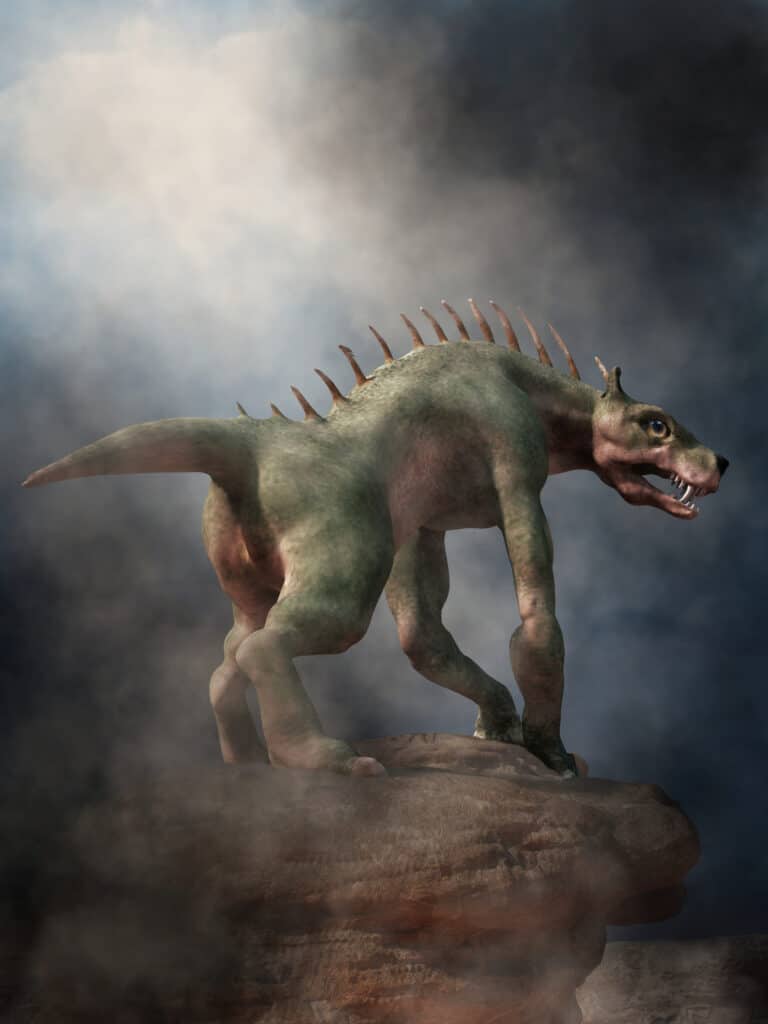Rendering 3D di Chupacabra in piedi sulle rocce
