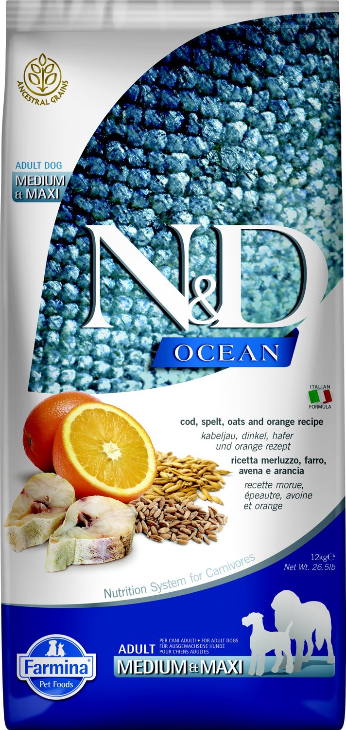 Farmina N&D baccalà oceanico e arancia ancestrale grano medio e maxi adulto cibo secco per cani