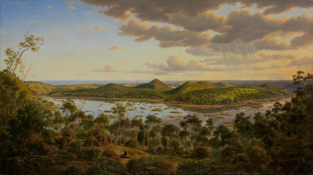 L'opera mostra, in dettaglio, il lago vulcanico del cratere con incastonati coni di scorie, circondato da vegetazione autoctona.