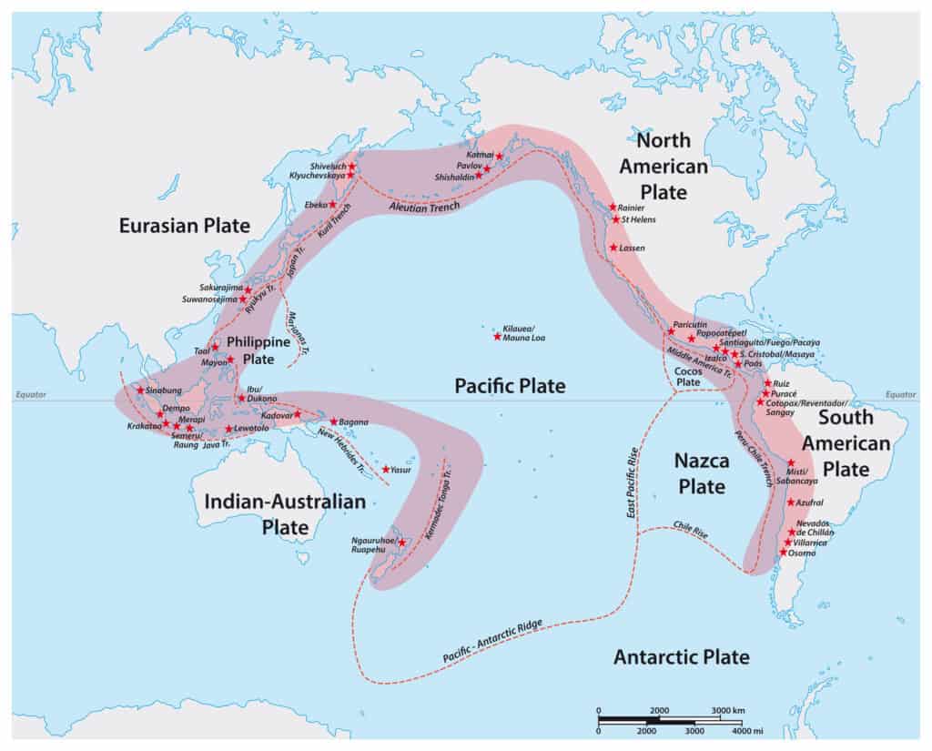 Mappa vettoriale del vulcano Anello del fuoco del Pacifico