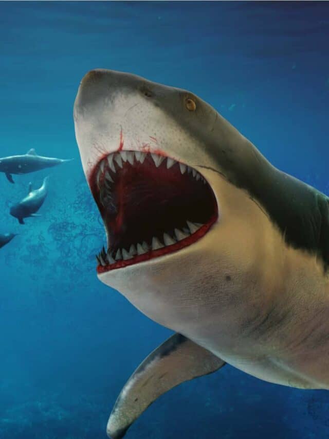 Squalo Megalodon a caccia di delfini.