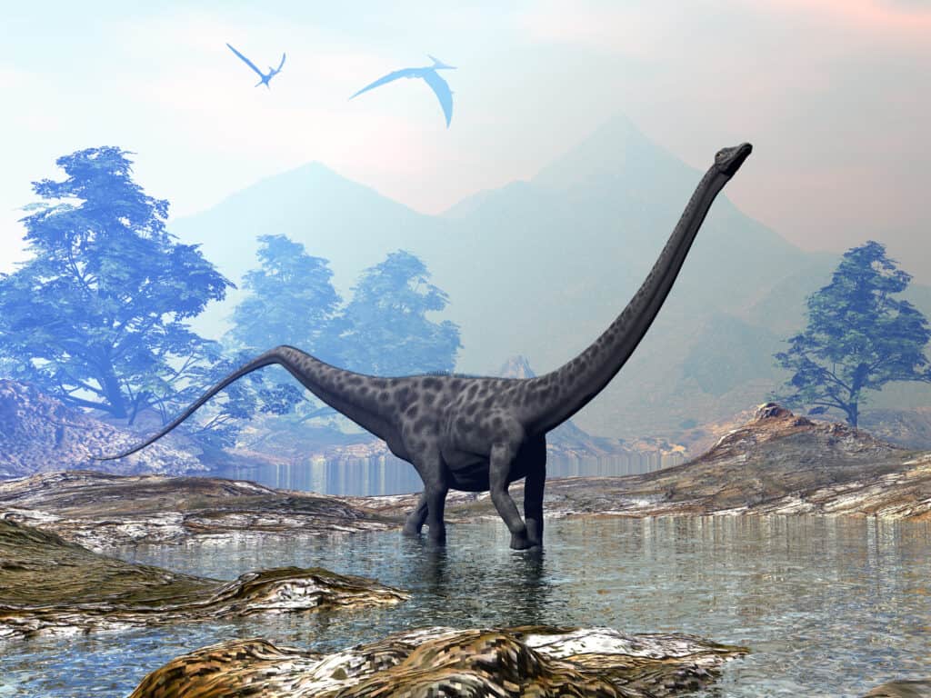 Un Diplodocus che cammina pacificamente nell'acqua al tramonto