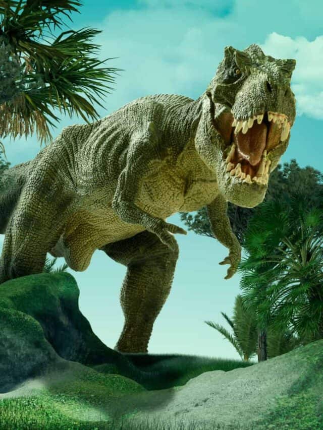 Tyrannosaurus rex che calpesta un paesaggio preistorico