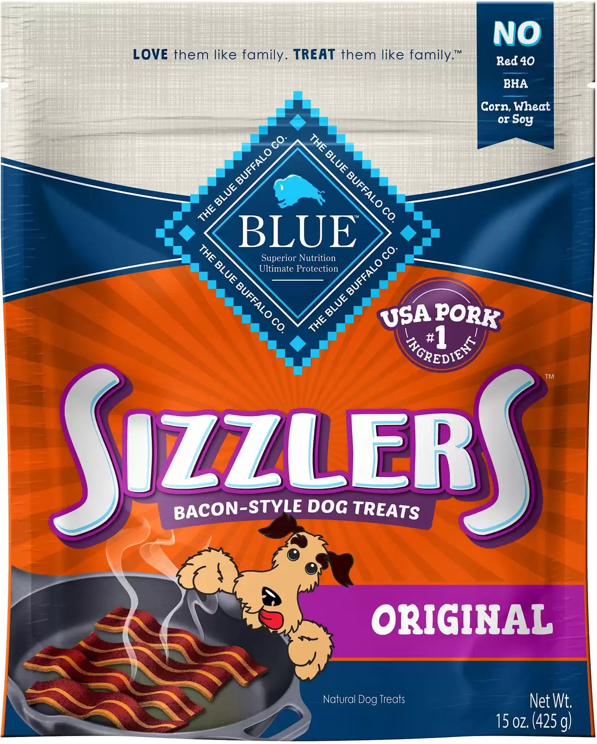 Sizzlers di bufalo blu con prelibatezze per cani in stile bacon di maiale