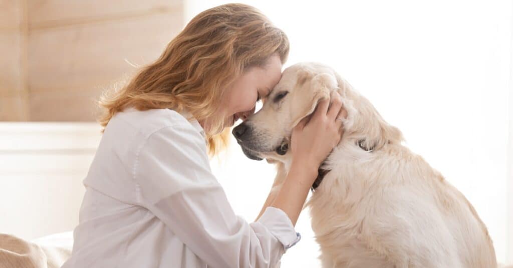 Una donna calma il suo cane