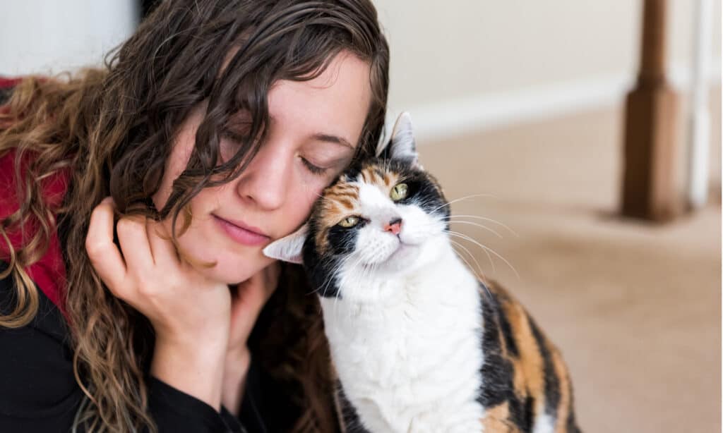 Una giovane donna che stamina si dirige con il suo gatto calico
