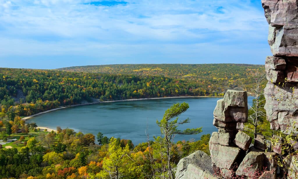 Wisconsin, Devil's Lake State Park, caduta, lago, parco pubblico