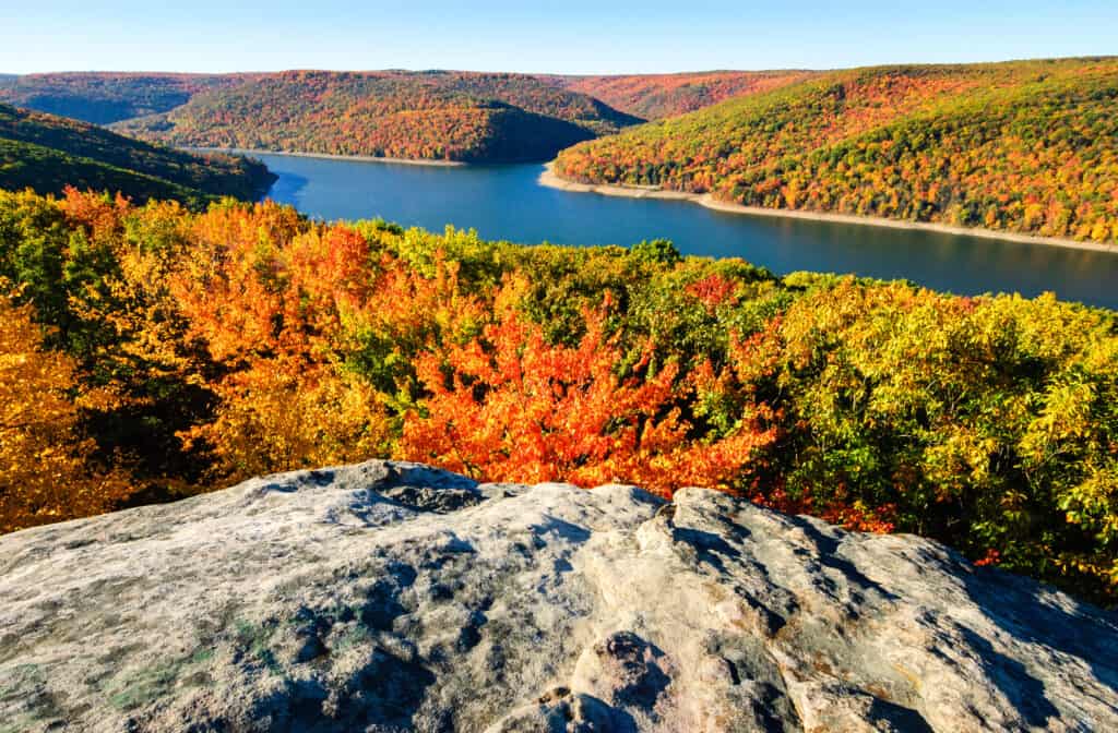 Spettacolare vista rocciosa nella foresta nazionale di Allegheny con brillante fogliame autunnale