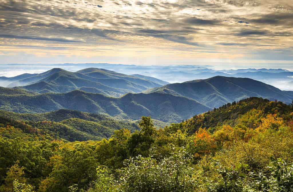 Blue Ridge Parkway con vista sulle montagne vicino a Asheville, NC