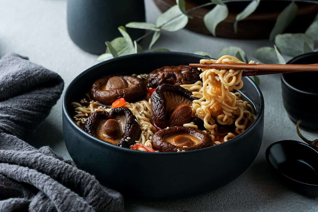Funghi shiitake cotti nel piatto di noodle