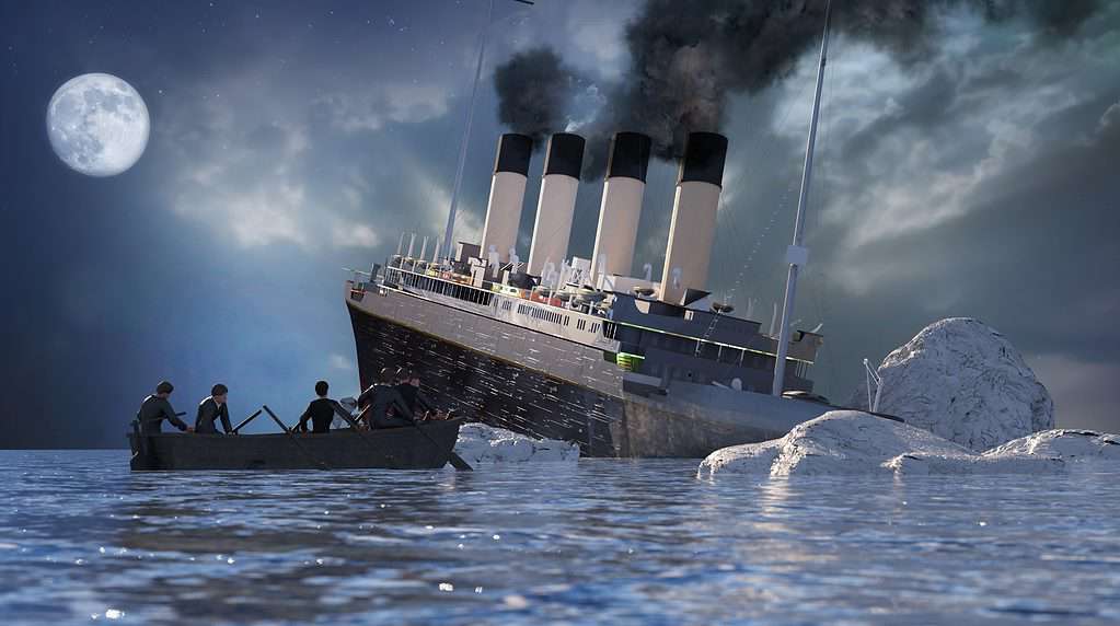 Ricreazione digitale dell'affondamento del Titanic con la scialuppa di salvataggio in primo piano