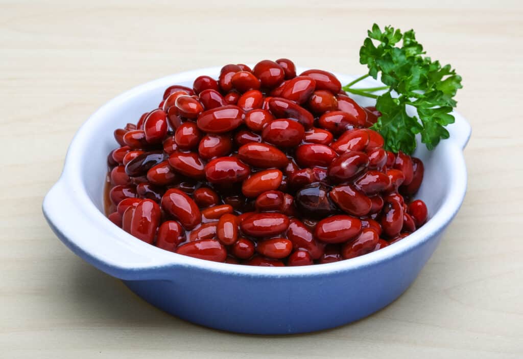 Una ciotola di fagioli rossi / marroni cotti, cornice centrale, in una casseruola di vetro, che è di vetro bianco latte all'interno, blu all'esterno.  C'è una primavera di prezzemolo posizionata alle due sul bordo del piatto.  Sfondo bianco isolare. 