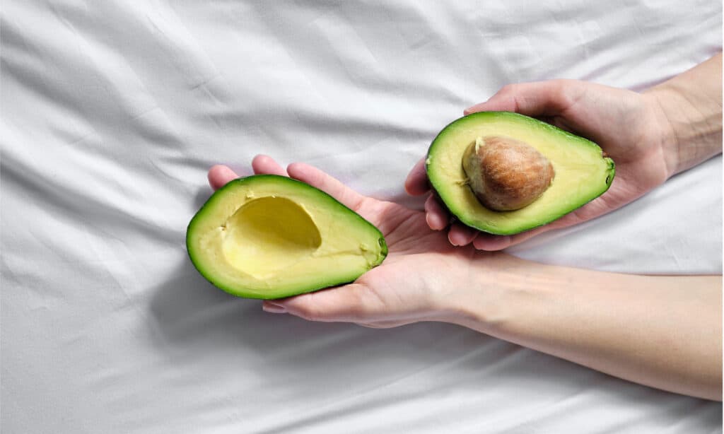 Le mani della donna che tengono un avocado tagliato