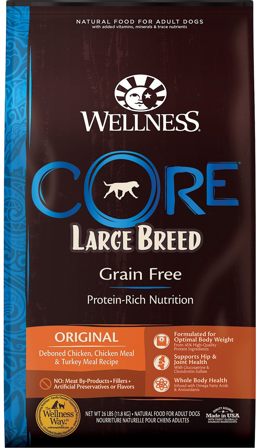 Wellness CORE Ricetta di pollo e tacchino di taglia grande senza cereali Alimento secco naturale per cani, sacchetto da 26 libbre