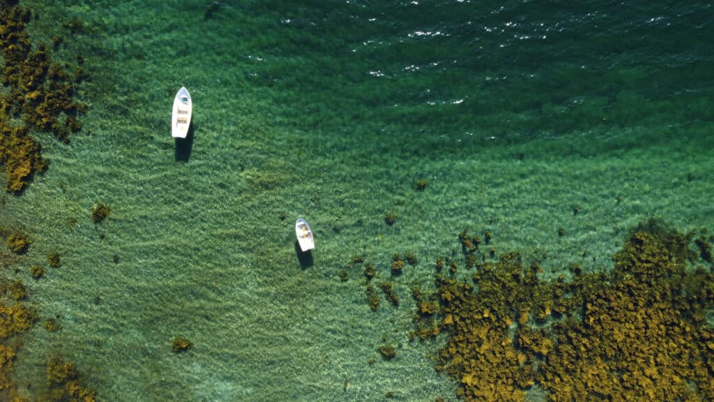 due barche bianche che galleggiano in uno specchio d'acqua coperto di muschio del Mare d'Irlanda., 