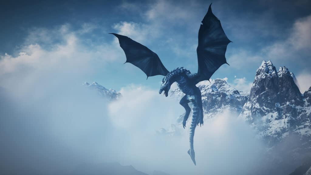drago che vola vicino alla vetta di un monte