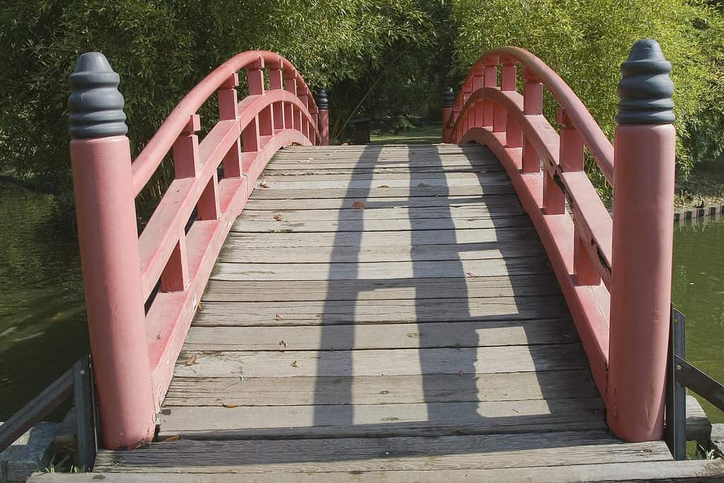 Corrimano rosso sul ponte pedonale nei giardini botanici di Memphis nel Tennessee.