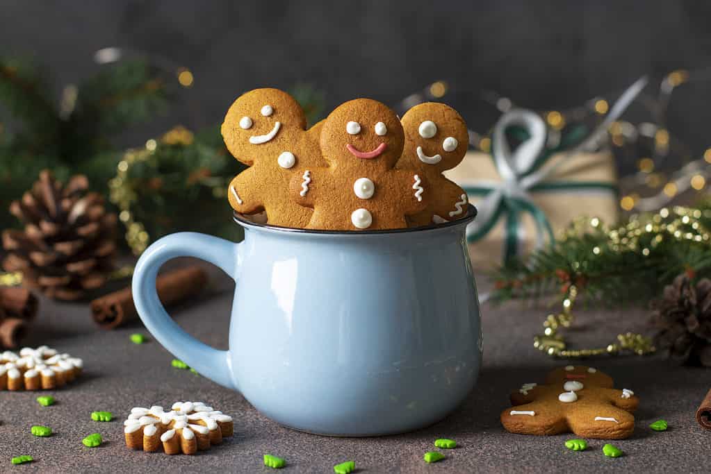Biscotti di pan di zenzero fatti in casa sotto forma di favolosi omini di pan di zenzero e alberi di natale in tazza blu nella composizione del nuovo anno