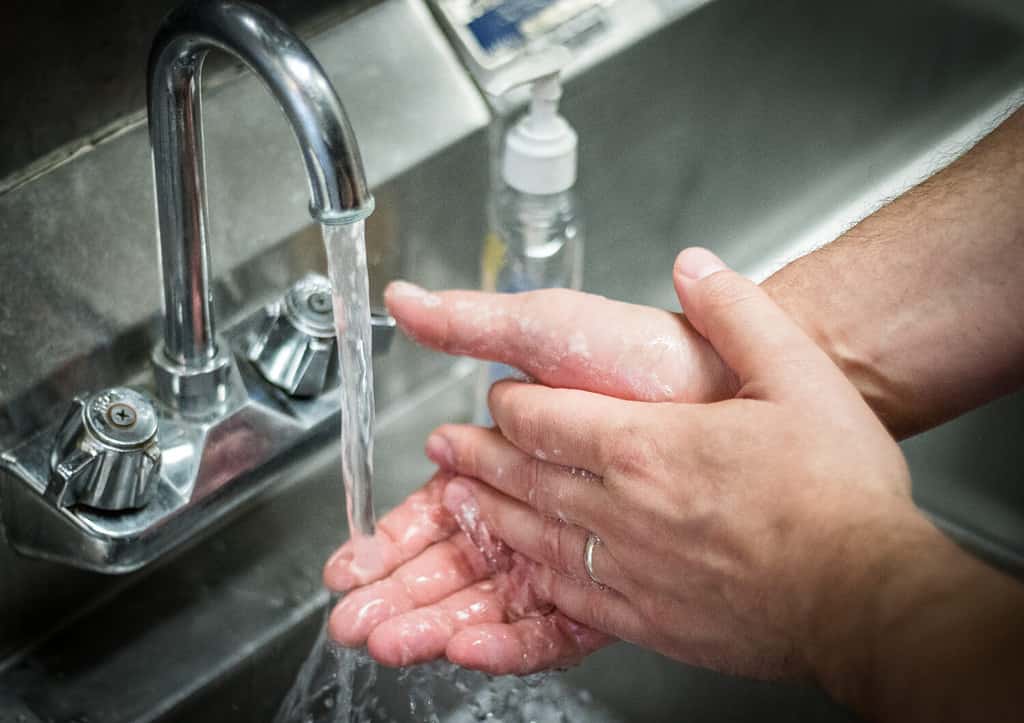 lavarsi le mani;  lavaggio con acqua e sapone al lavello in acciaio inox.