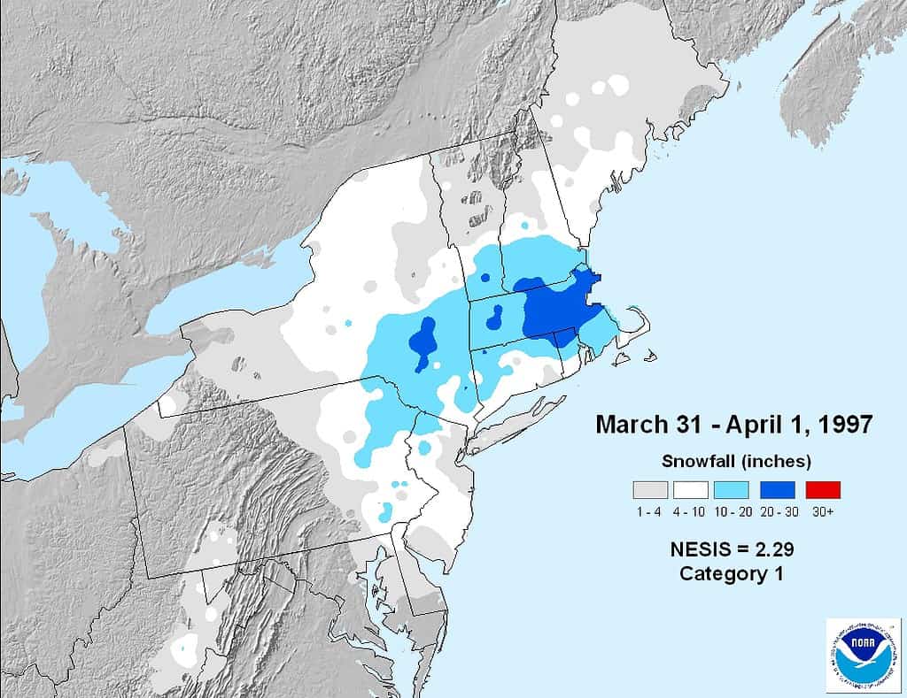 April Fool's Day Blizzard 1997 mappa dell'accumulo di nevicate.