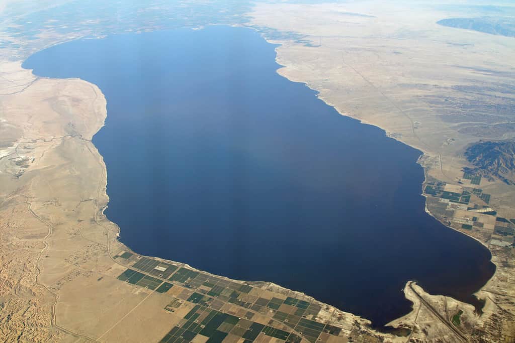 Veduta aerea del Salton Sea, circondato dalla Imperial Valley e dal deserto del Mojave