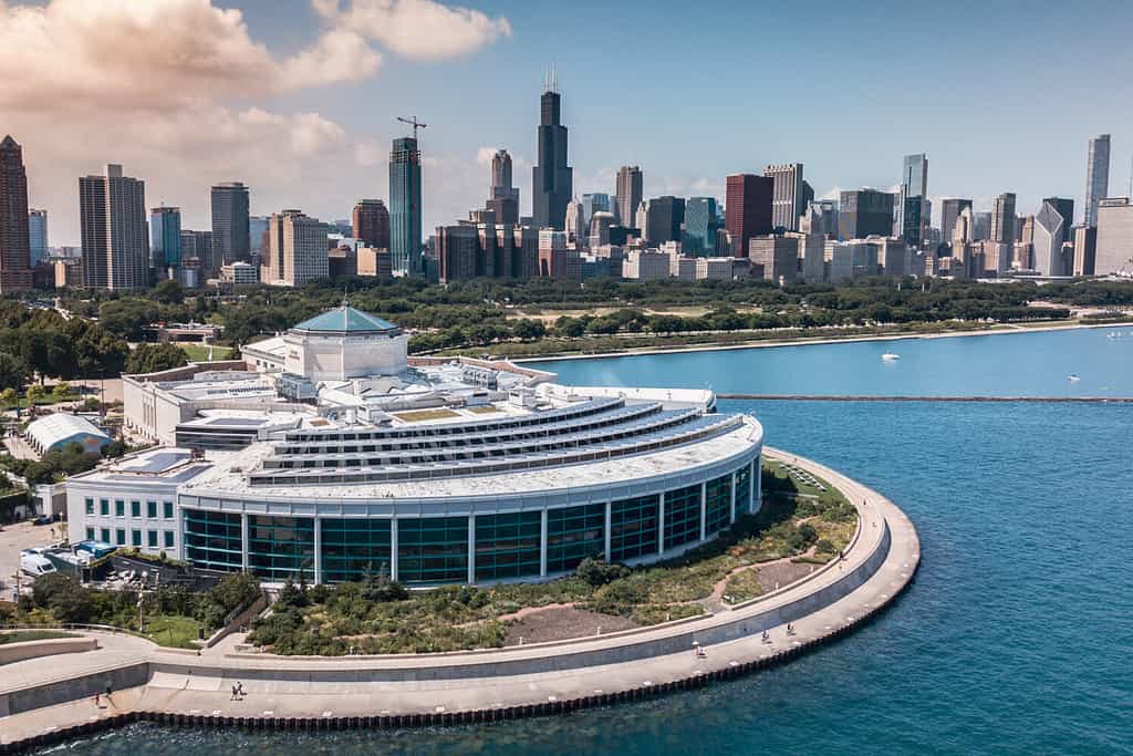 Immagine aerea Drone dello skyline di Chicago con il lago Michigan e l'acquario