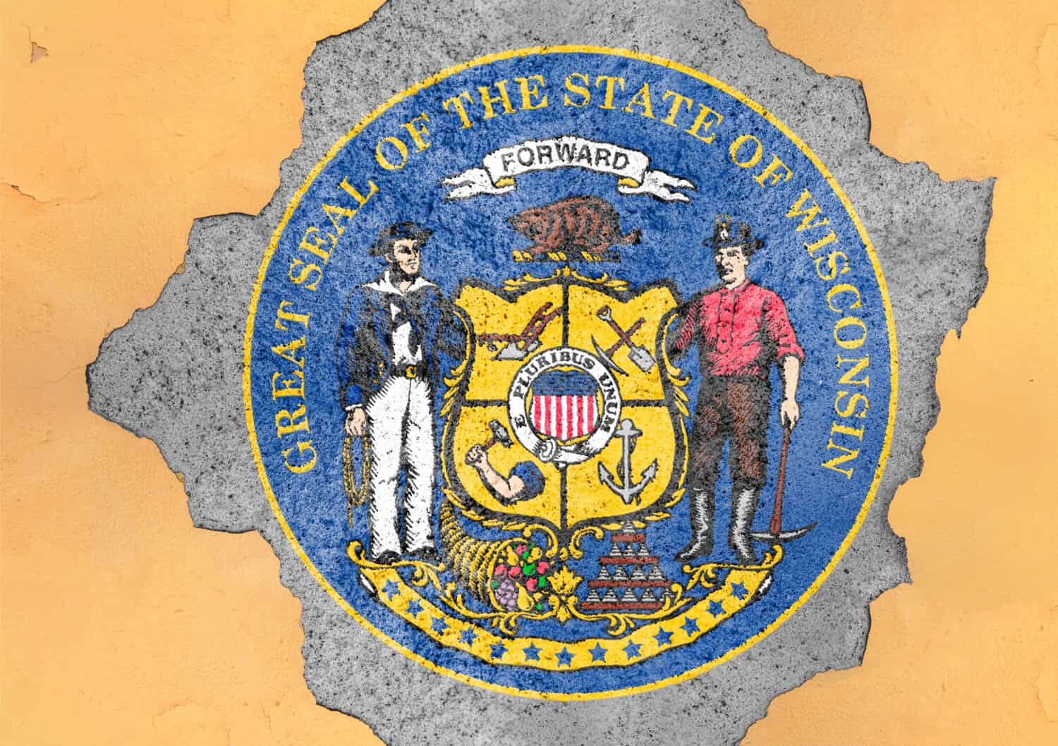 Foro incrinato con l'estratto della bandiera del sigillo dello stato degli Stati Uniti Wisconsin nella struttura della facciata grande cemento danneggiato