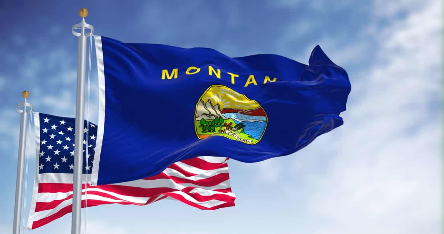 La bandiera dello stato del Montana sventola insieme alla bandiera nazionale degli Stati Uniti d'America. Sullo sfondo c'è un cielo limpido. Il Montana è uno stato degli Stati Uniti occidentali