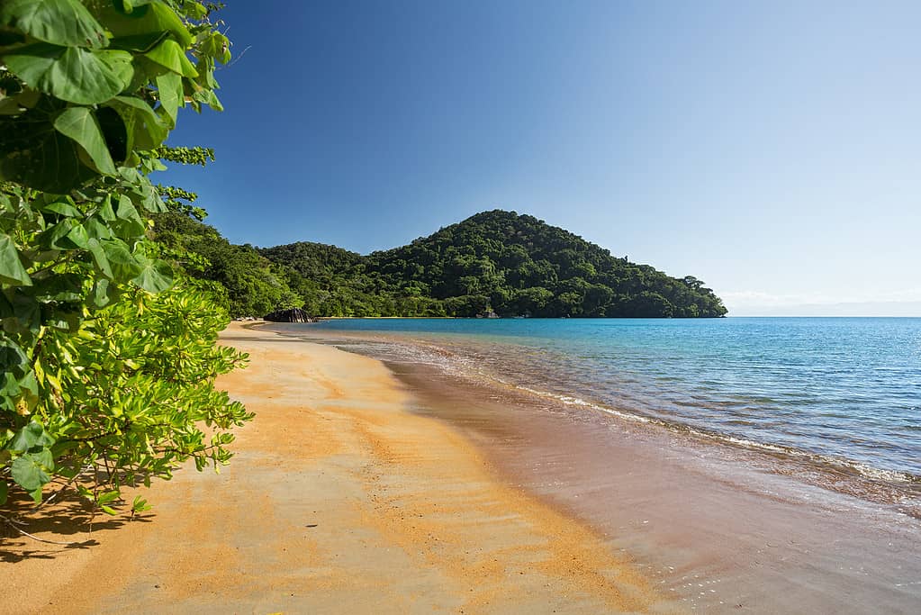 Bella spiaggia paradisiaca da sogno nel parco nazionale di Masoala, Madagascar.  Cielo blu e mare limpido, scena della natura vergine del deserto
