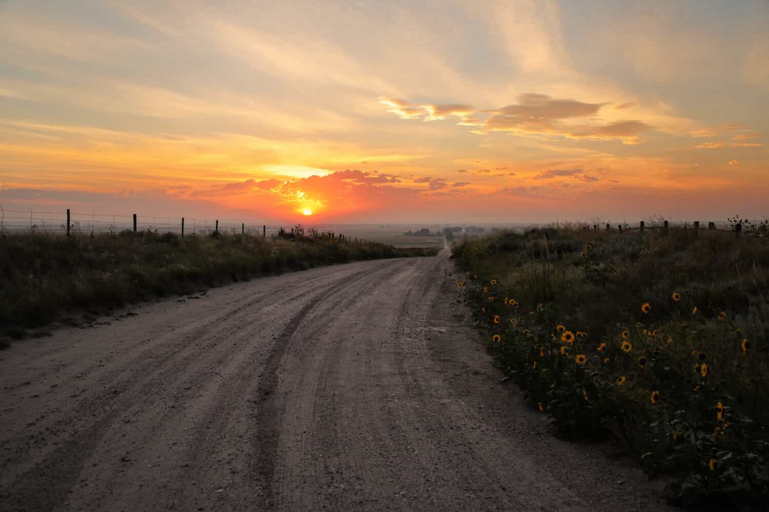 Strada sterrata all'alba, North Platte River Valley, Nebraska occidentale, USA