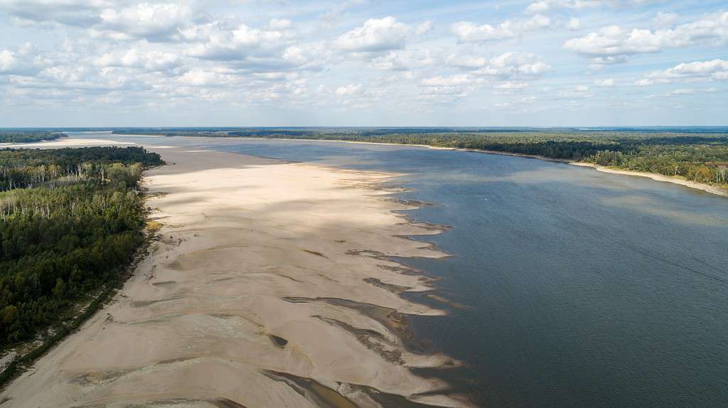 L'acqua bassa espone un banco di sabbia sul fiume Mississippi vicino a Grand Gulf, MS