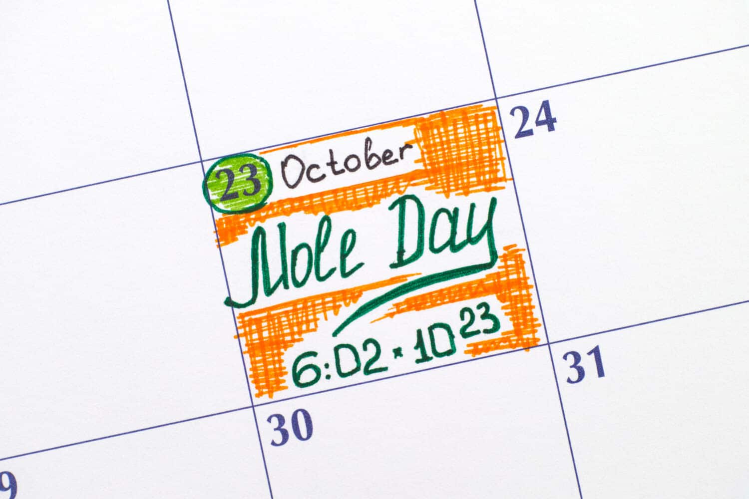 Promemoria Mole Day nel calendario. Il Mole Day è una festa non ufficiale celebrata tra i chimici il 23 ottobre, tra le 6:02 e le 18:02. L'ora e la data derivano dal numero di Avogadros.