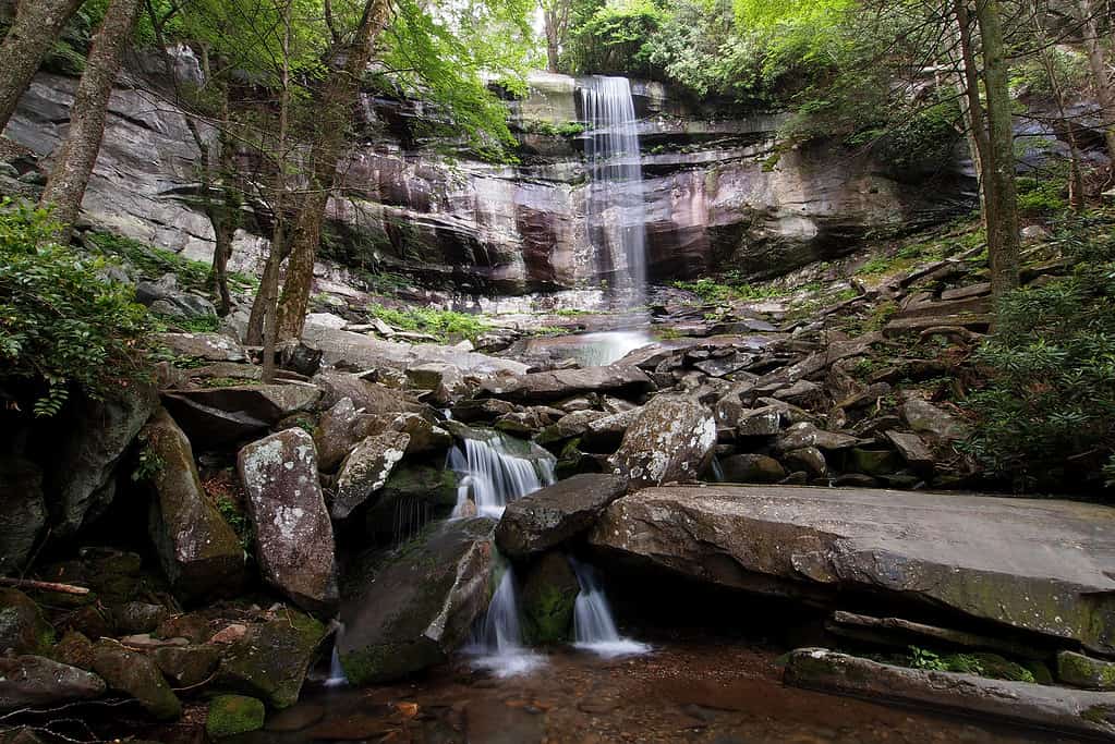 Rainbow Falls nel Parco Nazionale delle Grandi Montagne Fumose, Tennessee, all'inizio dell'estate.