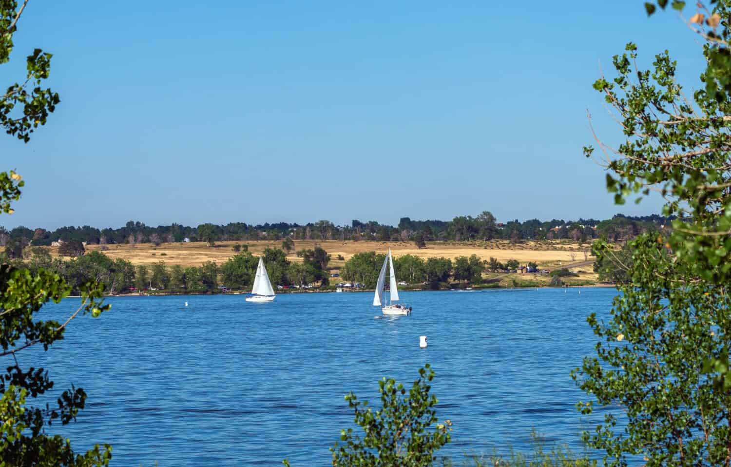 Una vista del serbatoio al Cherry Creek State Park in estate attraverso i pioppi che fiancheggiano i sentieri in riva al lago.  Il parco si trova nella contea di Arapahoe, in Colorado, vicino a Denver.
