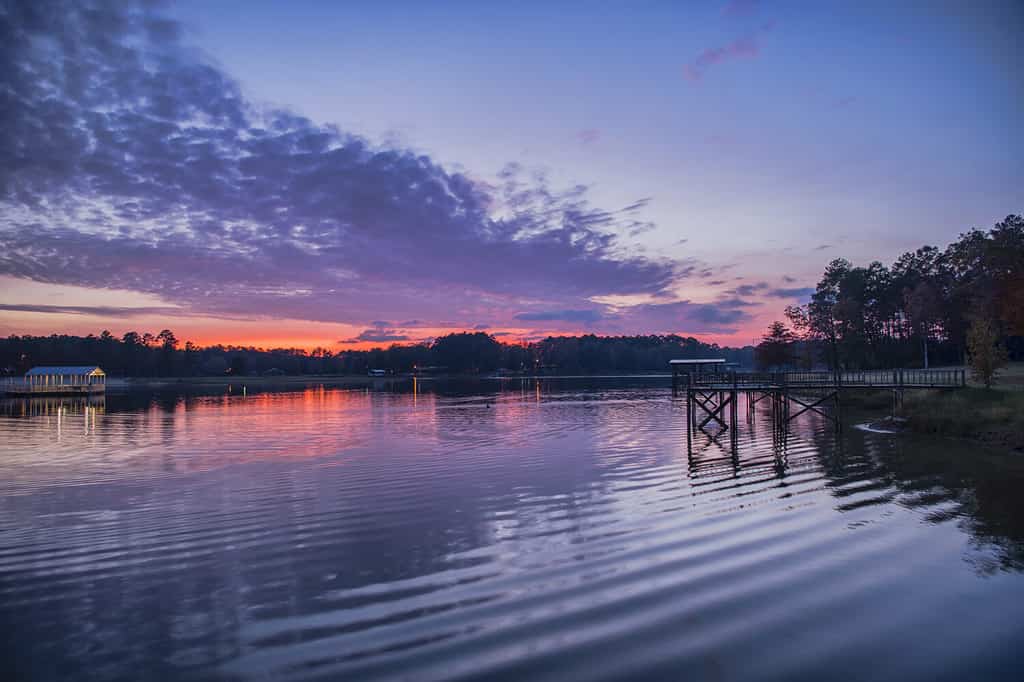 Cielo al tramonto rosa e viola al bacino idrico di Toledo Bend sulla linea di stato del Texas/Louisiana