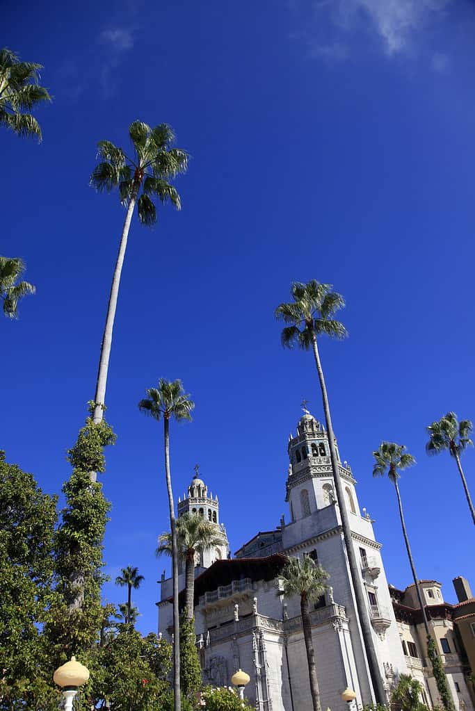 Un'inquadratura in lontananza di Hearst Castle in California.