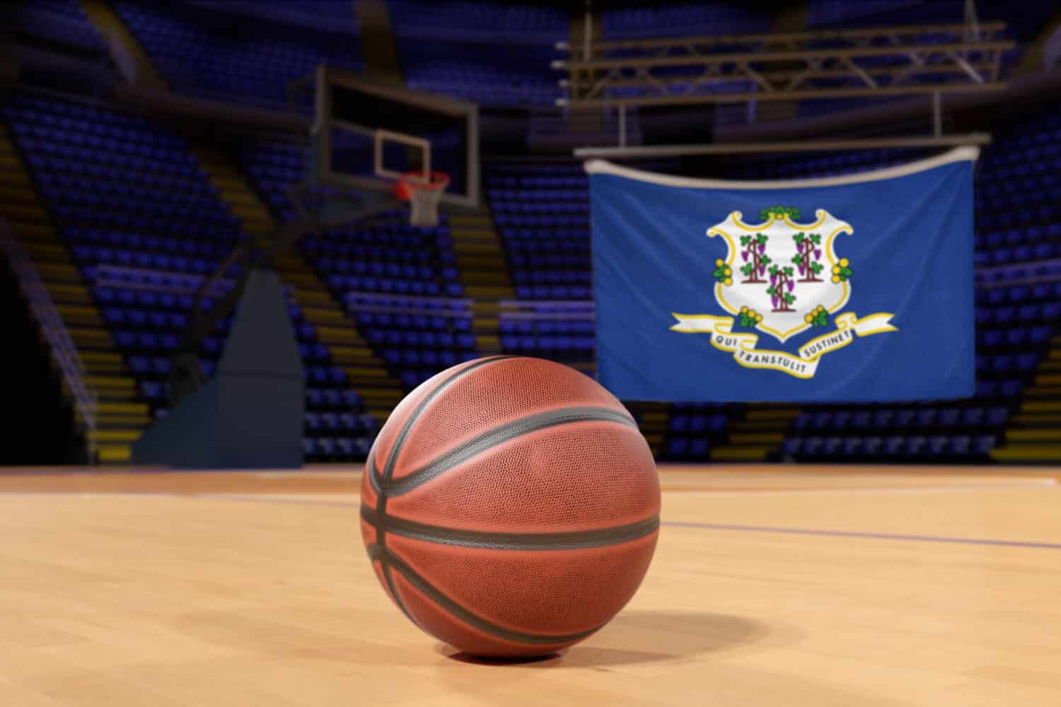 Bandiera dello stato del Connecticut e pallacanestro sul pavimento del tribunale