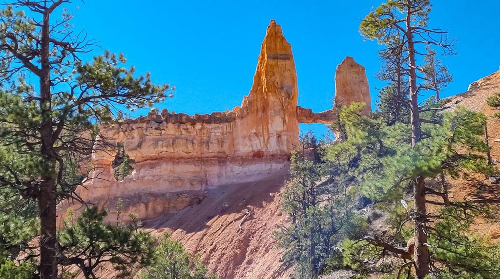 Vista panoramica della formazione rocciosa di Hoodoo chiamata Tower Bridge da Fairyland Trail nel Parco Nazionale di Bryce Canyon, Utah, Stati Uniti d'America, Stati Uniti d'America. Ponte ad arco naturale in un paesaggio unico. Pini