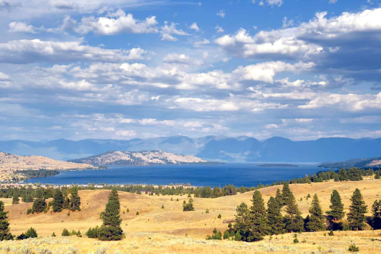 Collina di ginepro e salvia sopra Flathead Lake e la città di Elmo, Montana