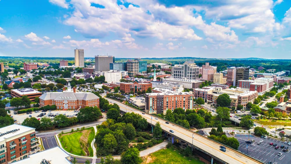 Antenna drone dello skyline del centro di Greenville, Carolina del Sud