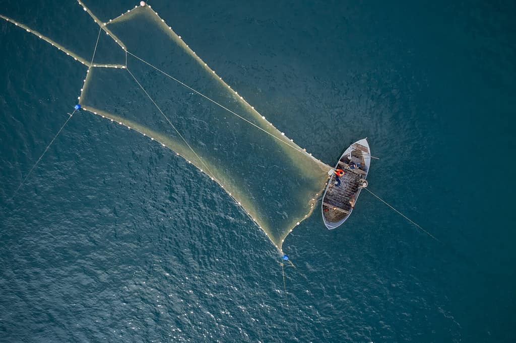 Barca di legno d'epoca nel Mar dei Coralli. Foto drone barca. Un pescatore su un peschereccio lancia una rete per pescare.