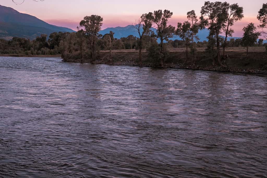 Tramonto piuttosto rosa lungo il fiume Yellowstone, catena montuosa Absaroka nella Paradise Valley nel Montana