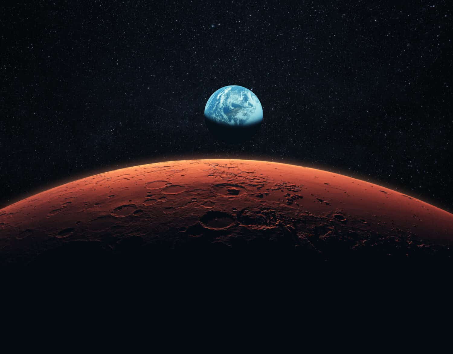 Marte, il pianeta rosso con caratteristiche superficiali dettagliate e crateri nello spazio profondo. Pianeta Terra Blu nello spazio. Marte e terra, concetto