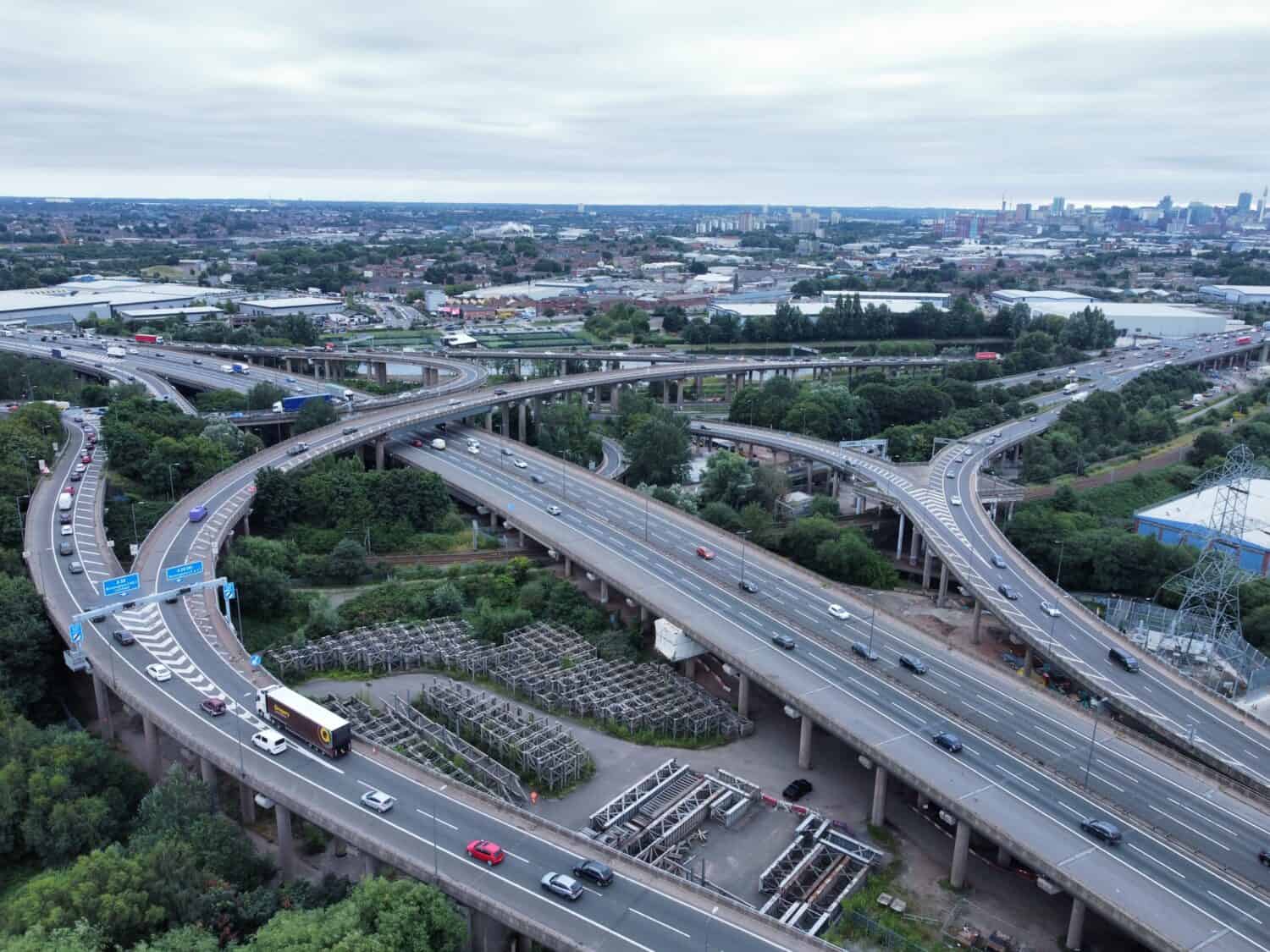 Veduta aerea di Spaghetti Junction, Gravelly Interchange, M6, Junction 6, Birmingham, West Midlands, Inghilterra, Regno Unito, 18 agosto 2021