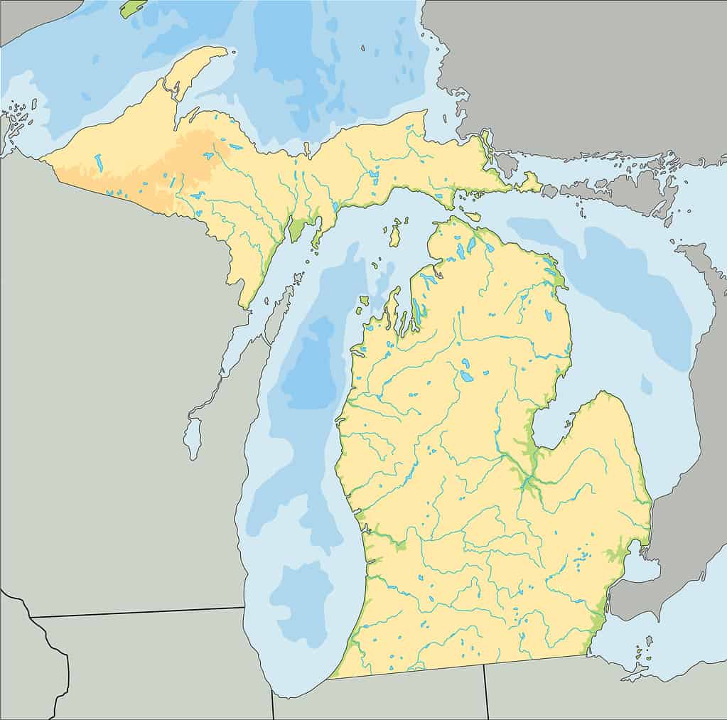 Mappa fisica del Michigan altamente dettagliata.