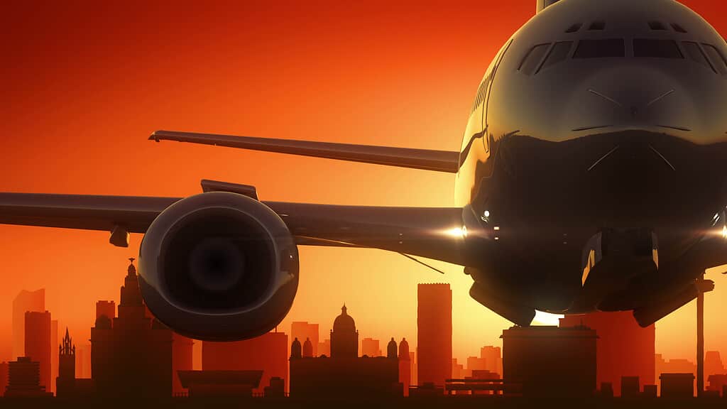 Liverpool Inghilterra Regno Unito Skyline Sunrise decollo