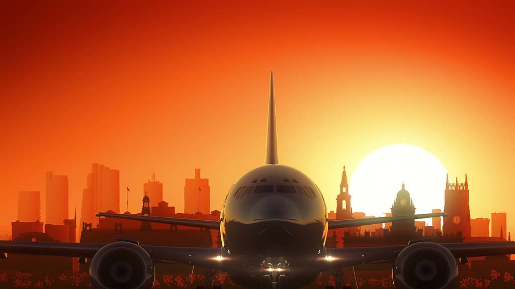 Leeds Inghilterra Regno Unito Skyline Sunrise decollo