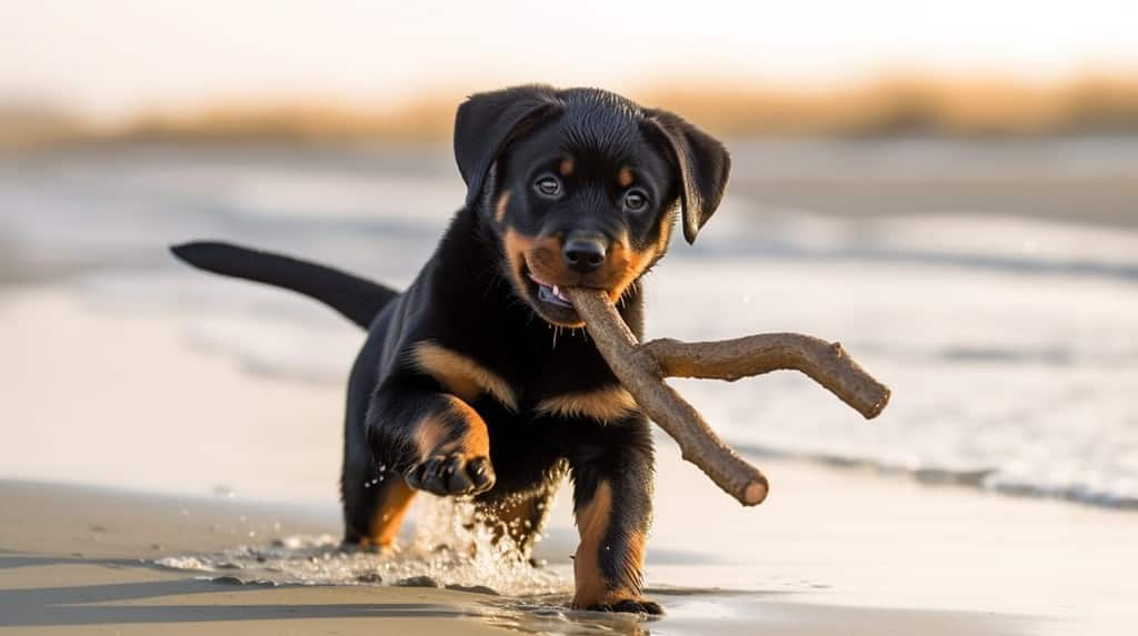 Cucciolo felice del rottweiler che corre e gioca su una spiaggia al tramonto.  Simpatico cagnolino che salta e spruzzi d'acqua.  Gioco di sabbia.